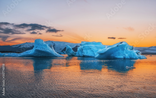 Blue icebergs floating in the jokulsarlon lagoon in Iceland in the september 2019