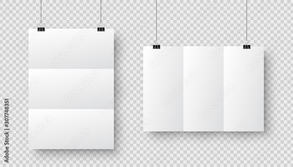 Realistic hanging blank paper sheet with shadow in A4 format and black paper clip, binder on checkered background. Design poster, template or mockup. Vector illustration. Realistic hanging blank paper sheet with shadow in A4 format and black paper clip, binder on checkered background. Design poster, template or mockup. Vector illustration.