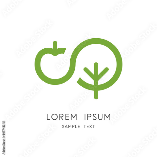 Apple tree logo - green plant and fruit symbol. Organic and natural food, garden and orchard vector icon.