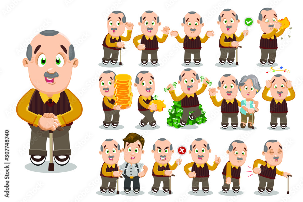 Big vector cartoon collection set of aged grandfather in different poses. Such as showing thumb up, having health problems, holding piggy bank, pile of coins, permissive and prohibited signs, 