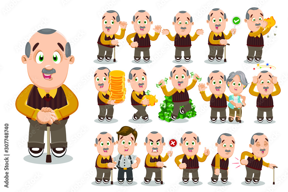 Big vector cartoon collection set of aged grandfather in different poses. Such as showing thumb up, having health problems, holding piggy bank, pile of coins, permissive and prohibited signs, Big vector cartoon collection set of aged grandfather in different poses. Such as showing thumb up, having health problems, holding piggy bank, pile of coins, permissive and prohibited signs,