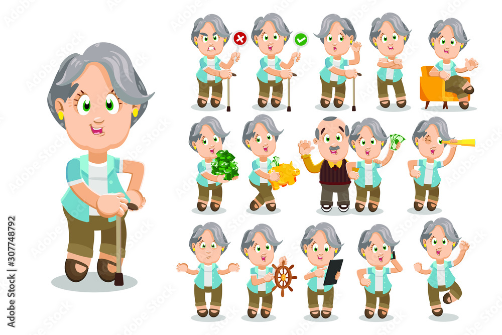 Big vector cartoon set with silver haired aged woman who using device, keeping piggy bank, steering wheel, money, prohibited and permissive signs, speaking by smartphone, jumping for joy.