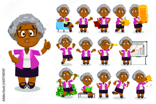 Big vector cartoon set with afro-american aged lady who looking through spyglass, reading book, making presentation, knitting, keeping money, piggy bank, showing helpless gesture, running, is upset.