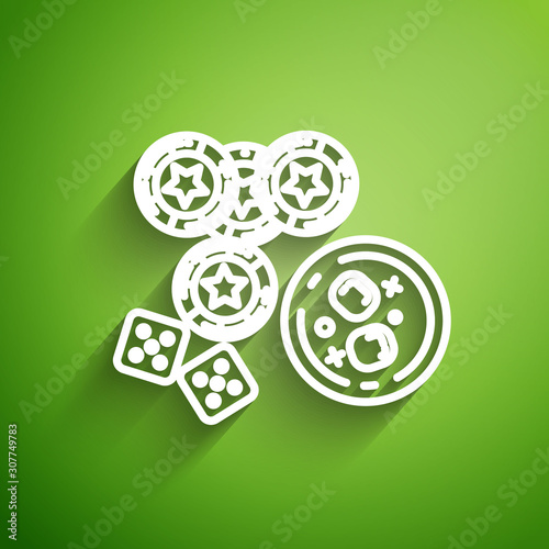 White line Casino chips, game dice and glass of whiskey with ice cubes icon isolated on green background. Casino poker. Vector Illustration