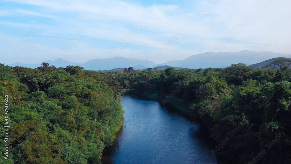 Establishing aerial shot beautiful river in tropical amazon green forest with mountains in background Establishing aerial shot beautiful river in tropical amazon green forest with mountains in background