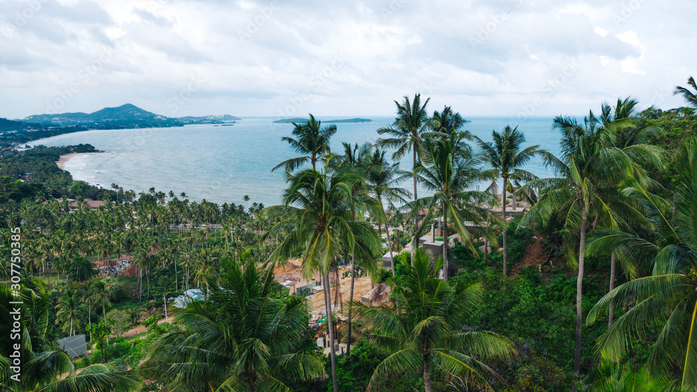 Aerial scenery view beautiful slope with lush palm trees. Bird's eye panoramic view of picturesque lagoon of populated Asian island in Thailand