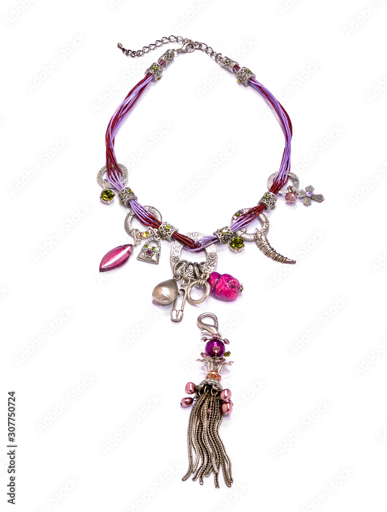 necklace charms silver purple and red isolated on white background necklace charms silver purple and red isolated on white background