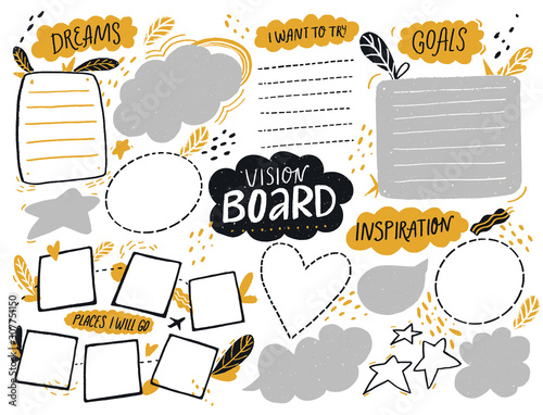 Vision board template with space for goals, dreams list, travel plans and inspiration. Collage frames for teens, nursery poster design. Journal page for planning, new year resolutions, white sheet