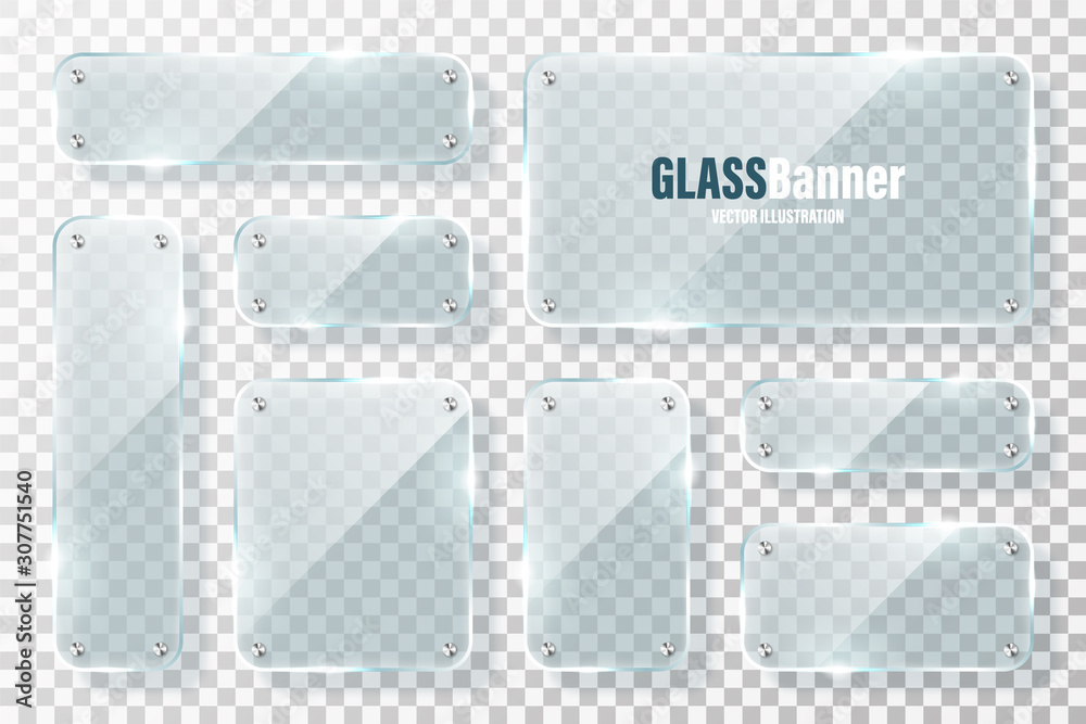 Glass frames with metal holder collection. Realistic transparent glass ...