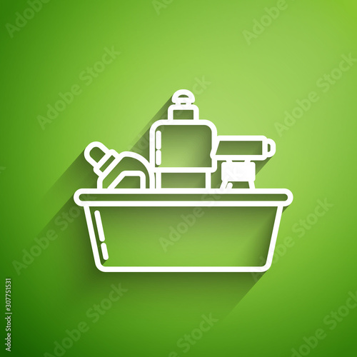 White line Plastic bottles for liquid laundry detergent, bleach, dishwashing liquid or another cleaning agent icon isolated on green background. Vector Illustration