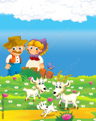 cartoon scene with happy farmer man and woman on the farm ranch illustration for the children