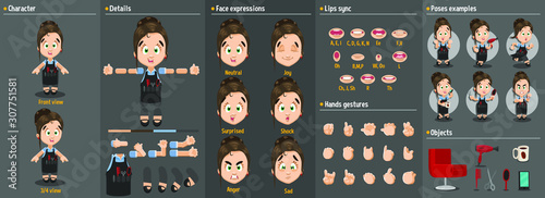 Cartoon hairdresser woman constructor for animation. Parts of body: legs, arms, face emotions, hands gestures, lips sync. Full length, front, three quarter view. Set of ready to use poses, objects