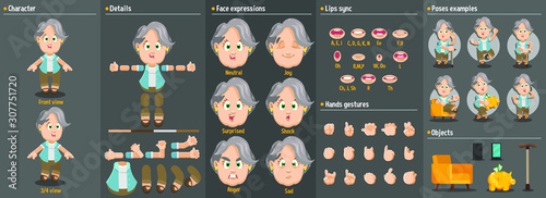 Cartoon elderly woman constructor for animation. Parts of body: legs, arms, face emotions, hands gestures, lips sync. Full length, front, three quarter view. Set of ready to use poses, objects