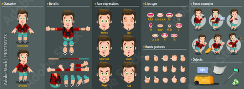 Cartoon tourist young man constructor for animation. Parts of body: legs, arms, face emotions, hands gestures, lips sync. Full length, front, three quarter view. Set of ready to use poses, objects