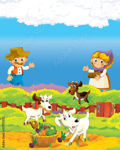 cartoon scene with happy farmer man and woman on the farm ranch illustration for the children © honeyflavour