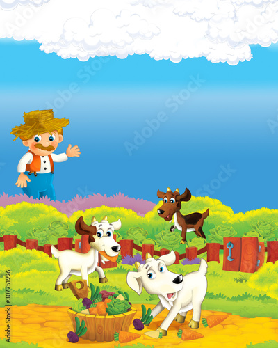 Fototapeta Naklejka Na Ścianę i Meble -  cartoon scene with happy farmer man on the farm ranch illustration for the children