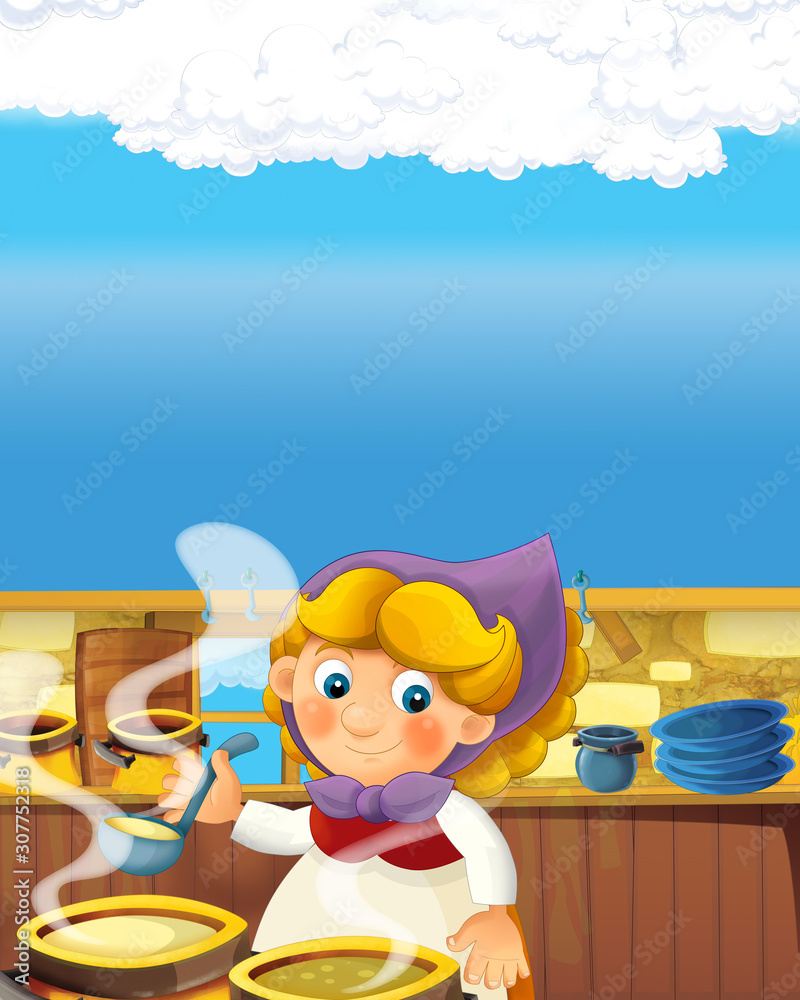 Naklejka premium cartoon scene with happy farmer woman on the farm ranch illustration for the children