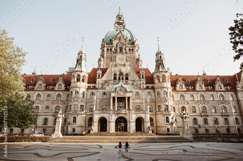 The huge and beautiful building of the Hanover City Hall (Neues Rathaus Hannover) in the evening light