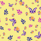 Yellow-Scattered Butterflies & Bouquets Vector Repeat Pattern