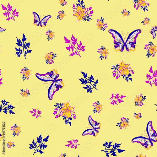 Yellow-Scattered Butterflies   Bouquets Vector Repeat Pattern