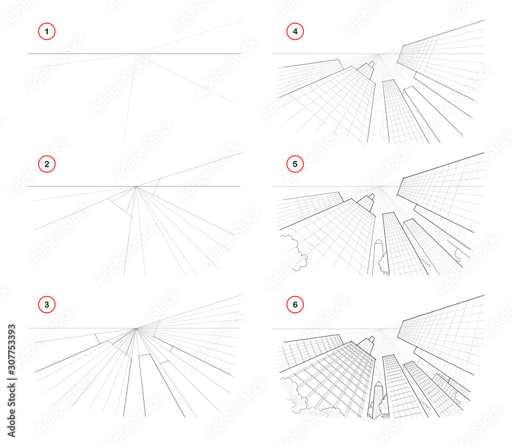 Buildscape Drawing How to draw sketch of cityscape with skyscrapers. Creation step by step ...