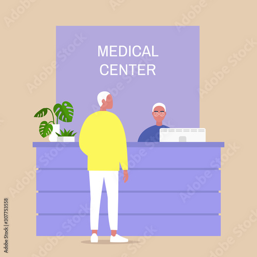 Medical center reception desk, young male character waiting for a doctor appointment, healthcare and lifestyle