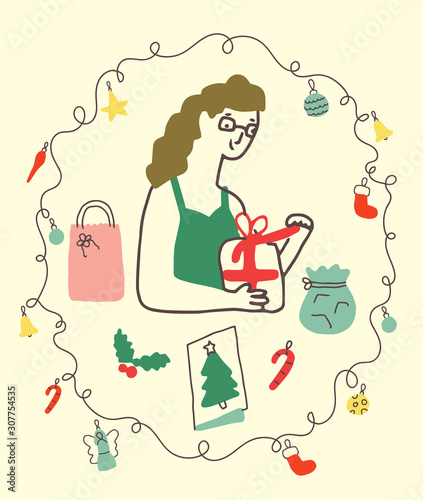 Woman wrapping gifts for her love ones, with christmas decorations and a christmas wreath frame. Latin american summer christmas time, colorful illustrated scene. Tropical vibes, happy and fun 