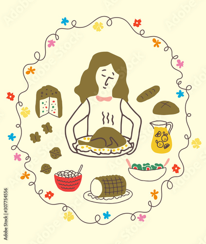 Woman cooking christmas dinner (chicken, salads, breads and dessert), with a wreath frame and flowers. Latin american summer christmas time, colorful illustrated scene. Tropical vibes, happy and fun