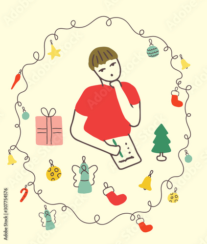 Man making a to-do-list for the holidays, with christmas decorations and a christmas wreath frame. Latin american summer christmas time, colorful illustrated scene. Tropical vibes, happy and fun 