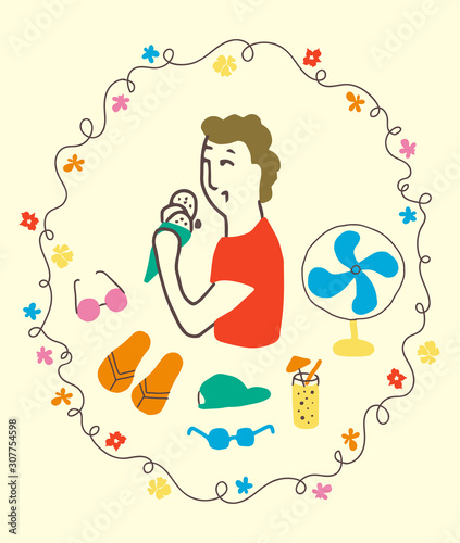 Man eating an icecream with summer vacations and beach elements, a wreath frame and flowers. Latin american summer christmas time, colorful illustrated scene. Tropical vibes, happy and fun 