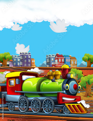 Cartoon funny looking train on the train station near the city - illustration for children © honeyflavour