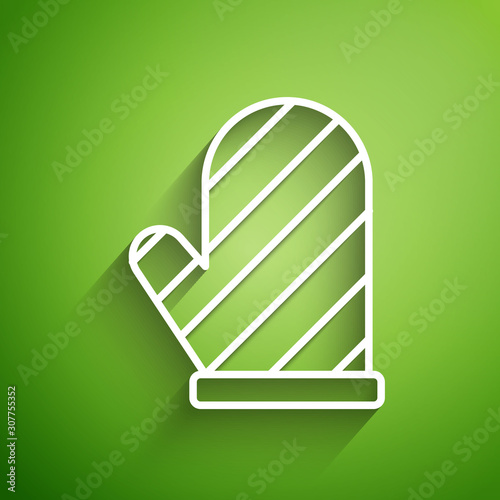 White line Oven glove icon isolated on green background. Kitchen potholder sign. Cooking glove. Vector Illustration
