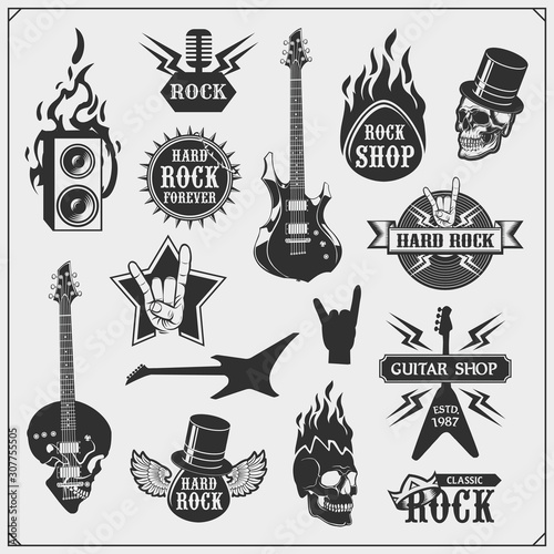 Rock'n'Roll and Hard Rock music emblems, symbols, labels and design elements. Print design for t-shirt.