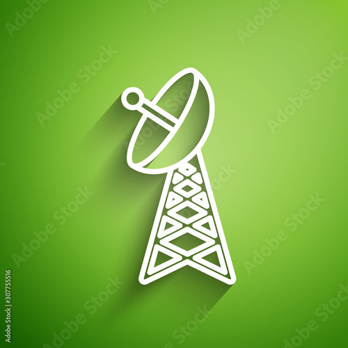 White line Radar icon isolated on green background. Military search system. Vector Illustration
