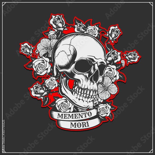 Day of the dead skull emblem. Skull and roses. Skull tattoo, print design for t-shirt.