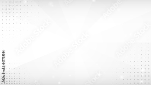 Abstract gray white backdround. Light gray pattern on white backdrop. Bunch of halftone spots on rays going from center. Blurred white dots or circles. Presentation template. Stock vector illustration