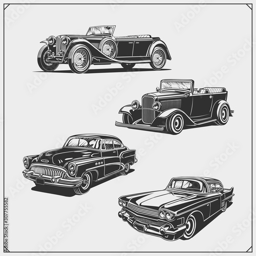Vintage cars set. Retro cars garage. Classic muscle cars labels, emblems and design elements.