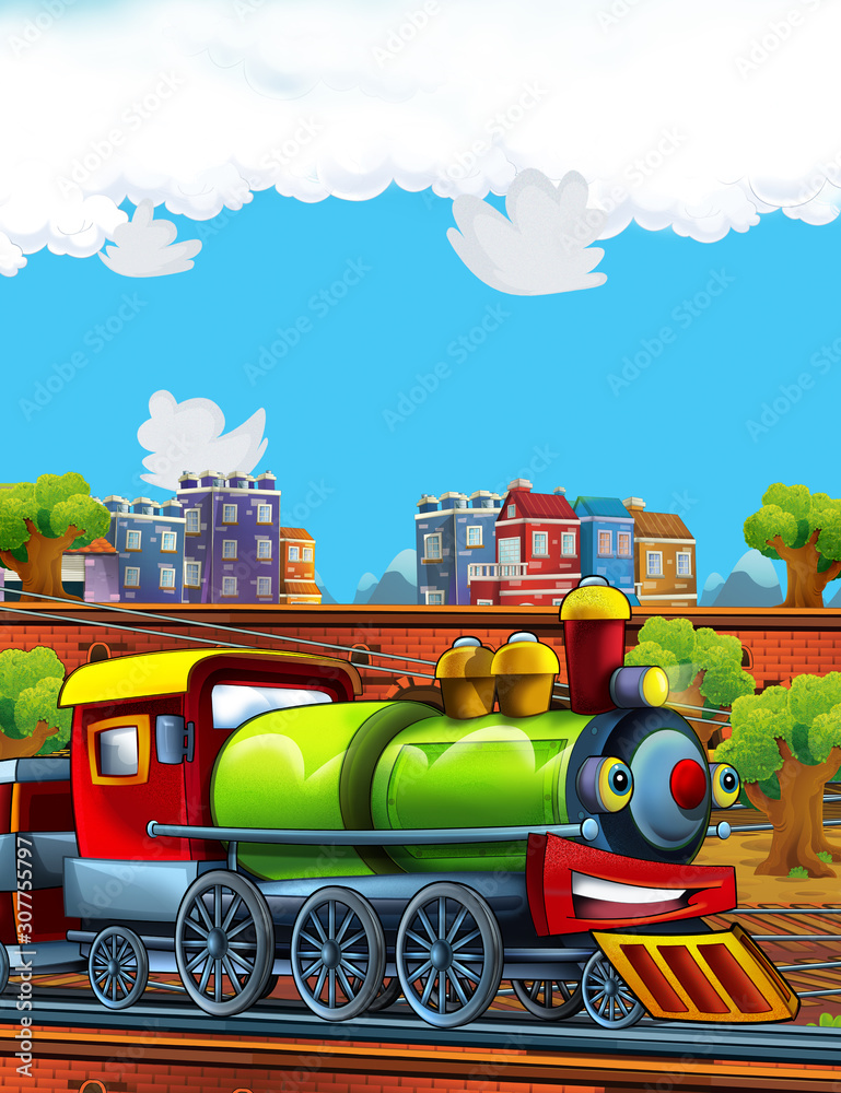 Fototapeta: Cartoon funny looking train on the train station near the city - illustration for children #307755797 ' Fototapeta: Cartoon funny looking train on the train station near the city - illustration for children #307755797 '