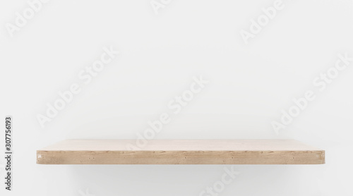 Empty brown wood plank board shelf on white wall background 3d illustration render © eliahinsomnia