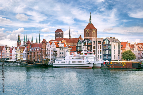 Embankment of the Motlawa with historical buildings in Gdansk, Poland