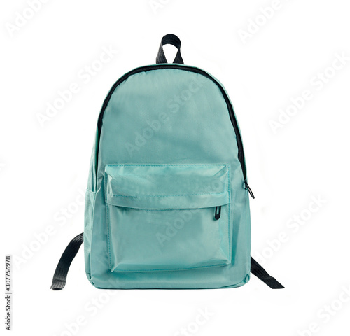 Green school bag isolated on white background photo