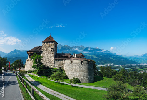 Medieval Vaduz Castle in Vaduz town, Liechtenstein. Panoramic summer view
