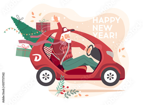 Santa on a electric car delivers gifts and christmas tree. Flat vector illustration
