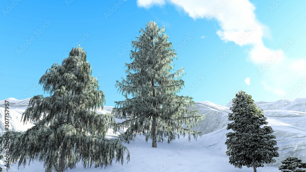 Tree in Snow Weather, Winter Background, 3D Rendering Tree in Snow Weather, Winter Background, 3D Rendering