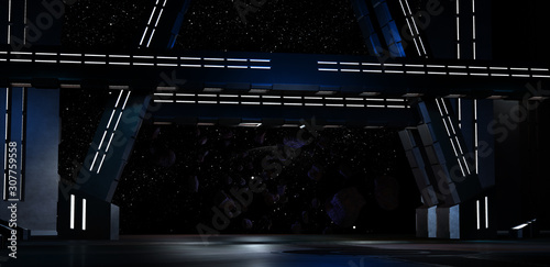 sci fi  corridor with view of space galaxy 3d rendering