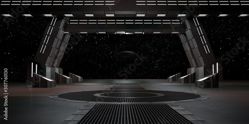 sci fi  corridor with view of space galaxy 3d rendering