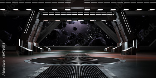 sci fi  corridor with view of space galaxy 3d rendering