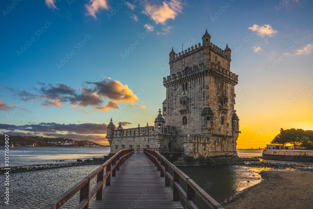 belem tower in belem district of lisbon at dusk