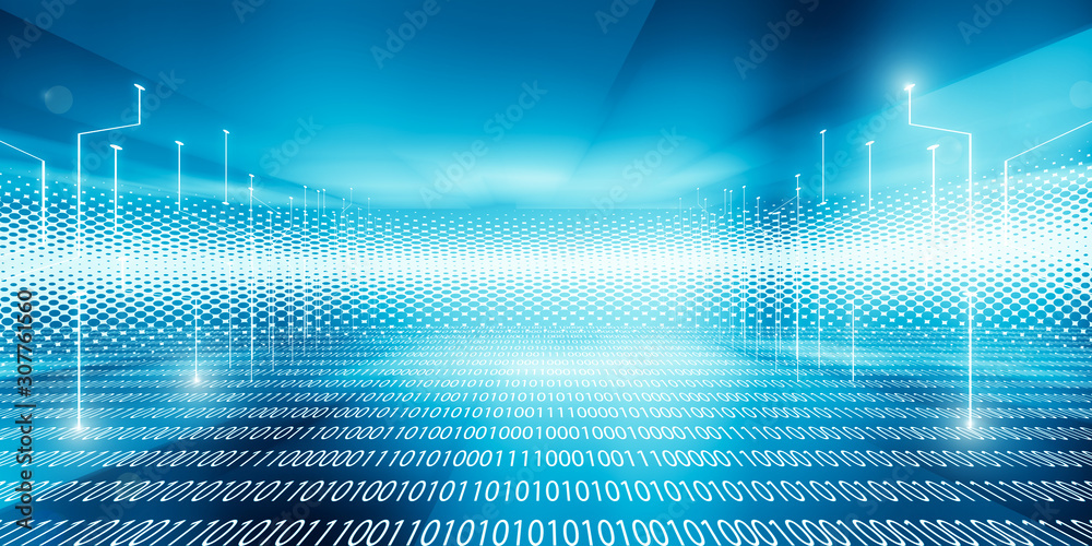 Fototapeta premium Digital room and Light blue halftone pattern with white line motion backdrop wallpaper. Clean blue geometric background.