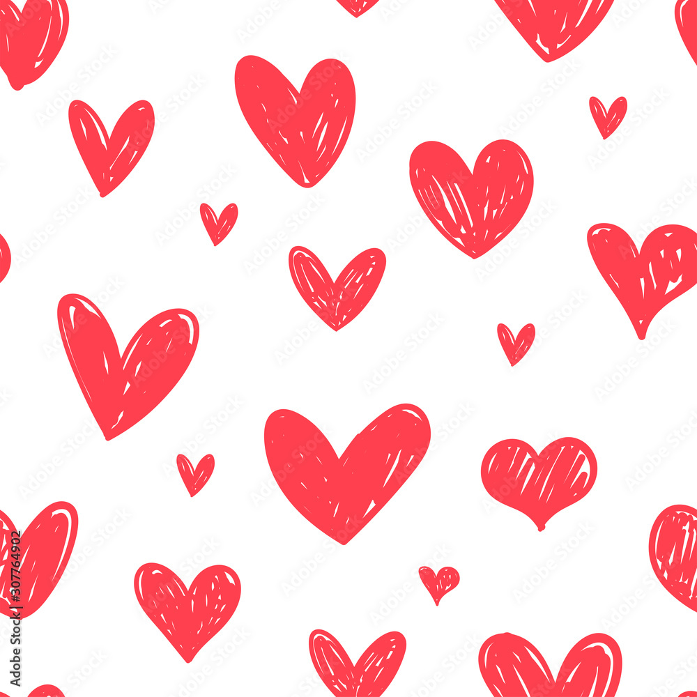 Heart doodles seamless pattern. Hand drawn hearts texture. Love background for valentine's day.